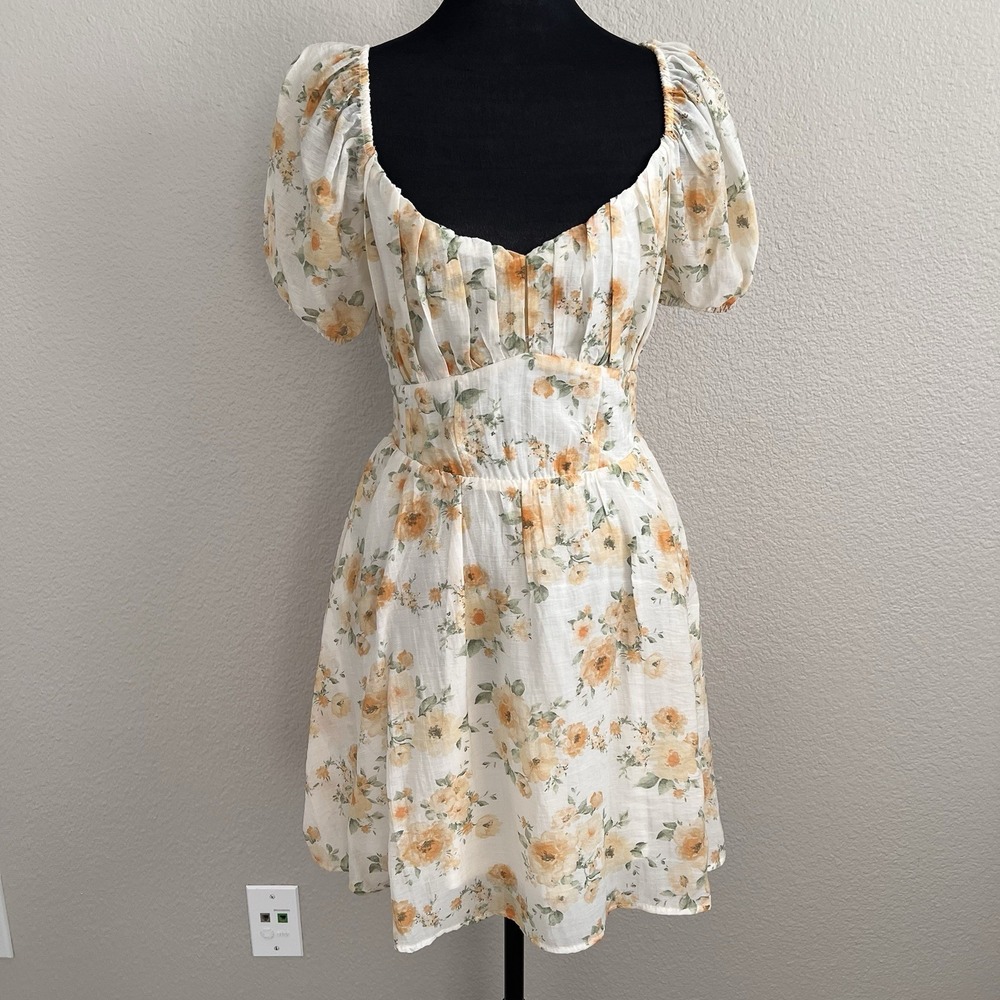 Floral Mini Dress Large Puff Sleeve Cottagecore Square Neck Romantic Smocked NWT